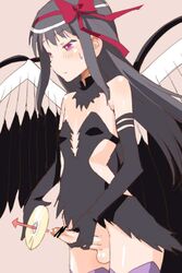 1futa akemi_homura akuma_homura black_hair blush bow cd censored directional_arrow dress elbow_gloves erection flat_chest futa_only futanari gloves hair_ribbon hairbow intersex jpeg_artifacts long_hair looking_down magical_girl mahou_shoujo_madoka_magica mahou_shoujo_madoka_magica_movie no_panties penis pink_eyes purple_legwear ribbon shinama short_dress small_breasts solo spoilers sweat sweatdrop testicles wings