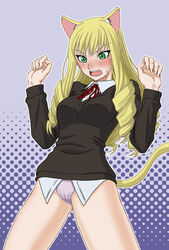 animal_ears blonde_hair blush cat_ears cat_tail drill_hair green_eyes long_hair misnon_the_great panties pointy_chin rental_magica tail underwear