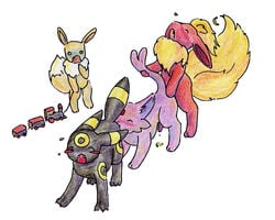 dominant_feral eevee eeveelution espeon flareon fur furry_ears furry_tail male/male male_only pokémon_(species) pokemon simplepale tail threesome umbreon