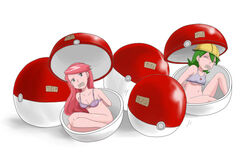 2girls arms_behind_back artist_request bondage bound bra captura captured gag gagged green_hair handcuffs human human_only isis_(pokemon) multiple_girls multiple_subs pink_hair poke_ball pokemon saori_(pokemon) sex_slave solidad_(pokemon) tagme tape tape_gag taped_mouth