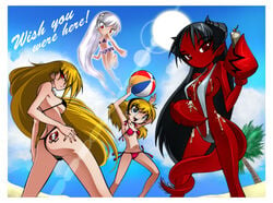 4girls ass ass_tattoo beach beach_ball bell black_bikini black_hair bleedman blonde_female blonde_hair blonde_hair_female breasts character_request cloud coconut_tree day daytime demon_girl demon_horns feet_out_of_frame female_only floating frilled_bikini grim_tales_from_down_below lens_flare mandy_(grim_tales_from_down_below) medium_breasts micro_bikini mimi_(grim_tales_from_down_below) minimandy multiple_girls open_mouth outdoors pincers powerpuff_girls_doujinshi purple_bikini red_bikini red_eyes red_skin side-tie_bikini side-tie_bikini_bottom sling_bikini sling_swimsuit slingshot_bikini slingshot_swimsuit small_breasts standing suggestive_fluid sun text thong_bikini very_long_hair webcomic white_border white_hair white_text