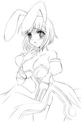 animal_penis blush bottomless bunny_ear bunny_ears dress erect_nipples estellise_sidos_heurassein eyebrows_visible_through_hair female large_breasts monochrome nipples open_mouth short_hair solo solo_female tales_of_(series) tales_of_vesperia wardrobe_malfunction