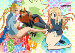 ass barefoot battle_spirits braid c-string cammy_white crossover dark_skin feet female garrison_cap green_hair hair happy hat human human_only inogashira_masako k-on! long_hair multiple_girls nadeara_bukichi number_eight panties red-tinted_eyewear school_uniform soles straight_hair street_fighter sunglasses tinted_eyewear toes tsumugi_kotobuki_(k-on!) twin_braids underwear yuri