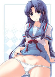 asakura_ryouko blue_eyes blue_hair long_hair nagami_yuu panties panty_pull school_uniform suzumiya_haruhi_no_yuuutsu underwear undressing white_panties