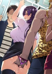 2boys 2girls ajisai_no_chiru_koro_ni animal_print ass ass_grab black_hair black_legwear black_skirt blurry bracelet breasts cheating cheating_(relationship) cheating_boyfriend chikan cowboy_shot dark_skin depth_of_field dutch_angle faceless faceless_male grabbing groping gyaruo hair_ornament hairclip hand_in_panties heavy_breathing highres jewelry large_breasts long_hair looking_back molestation multiple_boys multiple_girls nail_polish original panties parted_lips pink_panties purple_hair pussy_juice red_eyes shinomiya_natsuha shirt short_sleeves skirt skirt_lift smile standing stealth_ass_grab stealth_fingering sweat takeda_hiromitsu tank_top thighhighs tiger_print train_interior uncensored underwear white_shirt