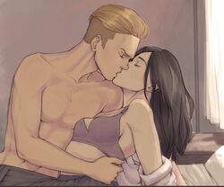 1boy 1girls abs attack_on_titan blonde_hair bra brown_hair childhood_friend eyes_closed female french_kiss french_kissing hands_on_hips kissing lolakasa lovers male pieck_finger porco_galliard shingeki_no_kyojin soldiers tagme wholesome