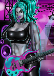 1girls danny_phantom ember_mclain erolady female female_only ghost ghost_girl goth goth_girl gothic green_eyes green_hair grey_skin guitar huge_breasts latex latex_gloves latex_suit lips lipstick long_hair makeup muscles muscular muscular_female nickelodeon oppai purple_lipstick smile villain