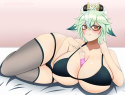 1girls animal_ears bare_shoulders big_breasts blush bra breasts brown_eyes busty cleavage curvaceous curvy curvy_body curvy_female curvy_figure curvy_hips female female_only genshin_impact glasses green_hair hat hi_res highres hourglass_figure huge_breasts large_breasts legs legwear looking_at_viewer narrow_waist on_bed on_side potion seducing seductive seductive_eyes seductive_look seelenfresserin sexually_suggestive shiny shiny_skin solo sucrose_(genshin_impact) suggestive tagme thick thick_legs thick_thighs thigh_gap thigh_highs thighhighs thighs underwear wide_hips yellow_eyes