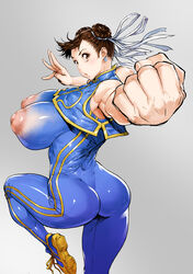 areolae ass ass athletic athletic_female big_breasts bodypaint bonten breasts brown_hair bubble_butt busty capcom chun-li crop_top hourglass_figure huge_breasts large_breasts nipples pinup pinup_pose pose posing sideboob standing street_fighter street_fighter_alpha wide_hips