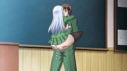 1boy animated arms_around_neck ass ass_grab black_stockings buttplug chalkboard classroom desk female gif leg_lock long_hair oide_yo!_shiritsu_yarima_x_rigakuen school_uniform schoolboy schoolgirl skirt stand_and_carry_position stockings white_hair