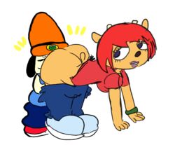 1boy 1girls all_fours canine face_in_ass female footwear headwear horns lamb lammy_lamb looking_back male nicechan oral pants_down parappa parappa_the_rapper smothering um_jammer_lammy wristwear