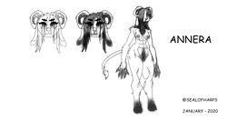 abs annera anthro baphomet_(disambiguation) big_muscles black_and_white black_hair bovid breasts caprine claws demon eyeliner eyeshadow female fingernails fluffy fur genitals goat goatdemon goth hair harpseal hi_res hooves horizontal_pupils horn long_arms long_ears long_hair long_tail looking_at_viewer makeup mammal model_sheet monochrome multicolored_body multicolored_fur muscular muscular_anthro muscular_female nails navel pubes pupils pussy small_breasts solo standing tail_tuft thick_thighs tuft two_tone_body two_tone_fur wide_hips