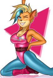 2020 absurd_res activision aerobics anthro bandicoot beauty_mark biped blonde_hair buffbumblebee clothed clothing crash_(series) eyebrows eyelashes female footwear front_view fur green_eyes hair hi_res leg_warmers legwear leotard looking_at_viewer mammal marsupial multicolored_hair one_eye_closed orange_body orange_fur pirate_tawna pose simple_background smile solo tawna_bandicoot tawna_bandicoot_(crash_4) thigh_highs tight_clothing tights video_games wink winking_at_viewer workout