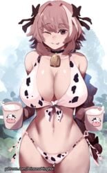 1girls animal_print astolfo_(fate) bangs bare_shoulders bell bell_collar bikini blush bow braid braided_ponytail breasts cleavage collar collarbone cow_print cup fate/apocrypha fate_(series) genderswap_(mtf) hair_intakes hairbow hinghoi large_breasts long_hair looking_at_viewer milk multicolored_hair navel pink_hair purple_eyes rule_63 smile streaked_hair swimsuit thighs white_bikini white_hair