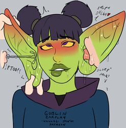 big_ears biting_lip blush ear_blush ear_play eargasm eyes_rolling_back female goblin goblin_female green_skin licking_ear original_character patreon spitting uncommon_stimulation what xxxx52