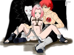 bondage breasts female green_eyes male naruto naruto_shippuden nipples pink_hair pussy_juice red_hair rope sakura_haruno sasori spread_legs tagme