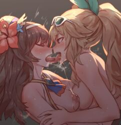 2girls alternate_costume asymmetrical_docking blush breasts breasts_out brown_hair closed_eyes cygames dragalia_lost elisanne female female_only julietta_(dragalia_lost) kissing lowres multiple_girls ponytail saliva saliva_drip senmura sunglasses_on_head swimsuit tongue tongue_kiss yuri