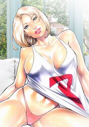 1girls 2020 alien alien_girl alternate_version_available big_breasts bikini bikini_bottom blonde_hair blue_eyes dc dc_comics ed_benes_studio female female_only fred_benes kadinsketch kara_zor-l karen_starr kryptonian large_breasts lipstick open_mouth power_girl shirt solo superman_(series) thong wide_hips