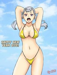 1girls 2020s 2021 2d acting_tough armpits artist_name big_breasts bikini black_clover breasts cleavage cleavage_overflow english english_text excalibur_overdrive expressions female female_only happy_new_year heroine human human_female human_only light-skinned_female light_skin looking_at_viewer no_sex noelle_silva not_ai_generated open_mouth pose posing purple_eyes realistic_breast_size realistic_proportions silver_hair solo solo_female standing straight_hair swimwear teenage_girl teenager text tsundere twintails wizard yellow_bikini