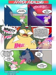 3:4 anthro audino balls big_balls big_breasts big_penis breasts closed_eyes clothed clothing comic dialogue digital_media_(artwork) duo english_text female feral genitals goopyarts hi_res huge_breasts huge_cock hyper hyper_genitalia hyper_penis male nintendo nude overweight penis pokémon_(species) pokemon raina_(goopyarts) simple_background slightly_chubby snorlax speech_bubble text thick_thighs video_games wide_hips