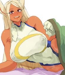 absurdres animal_ears bare_shoulders bed bed_invitation blush breasts bunny_ears dark_skin erect_nipples erect_nipples_under_clothes female gloves highres huge_breasts inviting inviting_under_covers leotard long_hair looking_at_viewer lying minakami miruko my_hero_academia on_side open_mouth rabbit_girl red_eyes rumi_usagiyama smile solo under_covers white_background white_gloves white_hair