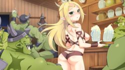 6boys alcohol areolae ass bare_shoulders beer beer_mug blonde_hair blush breastless_clothes breasts closed_mouth cowboy_shot cup elf elf_ears elf_female elf_girl elven_conquest eyebrows_visible_through_hair faye_(elven_conquest) female game_cg highres indoors light-skinned_female light_skin long_hair looking_at_viewer looking_back male medium_breasts mug multiple_males nipples orc orc_male pinktea pointy_ears public_topless solo_focus tavern topless topless_female upper_body waitress