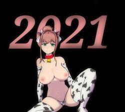 1girls 2021 areolae belly_button big_breasts boobs breasts brown_hair cow_ears cow_girl cow_horns cow_print cow_print_bikini cow_print_gloves cow_print_lingerie cow_print_thighhighs cow_print_thong cowbell cowgirl doki_doki_literature_club female_only green_eyes huge_breasts looking_at_viewer ls monika_(doki_doki_literature_club) moonika navel new_year nipples panties ponytail ribbon squatting thick thick_thighs thighhighs thighs thong tits topless white_ribbon year_of_the_ox