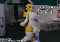 3d anthro armwear bacn balls big_breasts black_sclera blush breasts bulge canid canine clothed clothing detailed_background digimon digimon_(species) fox fur genitals gynomorph intersex legwear looking_at_viewer mammal nipple_outline nipples open_mouth penis renamon renamon_(bacn) rubber solo_focus space text thick_thighs thigh_highs white_body white_fur yellow_body