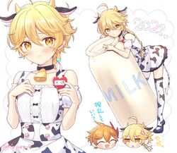 2boys aether_(genshin_impact) artist_request artist_signature blonde_hair blush childe_(genshin_impact) cow_ears cow_print cowbell genshin_impact heart japanese_text maid maid_uniform male male_only source_request tagme tartaglia_(genshin_impact) yellow_eyes