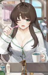 1girls bathroom blush breasts brown_hair brushing_teeth cleavage clothed collarbone cup fangs game_cg green_eyes isekai_slow_life long_hair one_eye_closed open_mouth pajamas sink soap sofia_(isekai_slow_life) tears toothbrush unbuttoned unbuttoned_shirt water