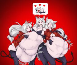 3girls animal_ears belly_grab belly_rub big_ass big_belly big_breasts bra cerberus_(helltaker) cleavage demon_tail digestion_noises female female_only fetal_movement hand_gesture helltaker looking_at_viewer panties simple_background speech_bubble stickyglobule_(artist) stomach_bulge tied underboob vore white_hair