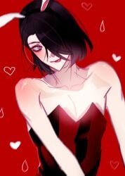 black_hair bunny_boy bunny_costume bunny_ears bunnysuit danganronpa danganronpa_another fanganronpa femboy heart looking_at_viewer medium_hair pale-skinned_male pale_skin purple_eyes red_background sdra2 smiling_at_viewer straight_hair super_danganronpa_another_2 tongue tongue_out yomiuri_nikei