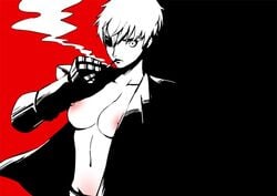 1girls akame_ga_kill! art belly belly_button black_background breasts breasts_out cigarette collarbone eyepatch female female_focus female_only large_breasts looking_away mechanical_arm najenda_(akame_ga_kill!) nipples office_lady persona persona_5 red_background rojen short_hair simple_background smoke smoking tomboy