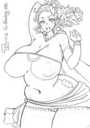 belly big_breasts cape curvy dress final_fantasy final_fantasy_vi mabeelz monochrome necklace ponytail ribbon sleeveless_dress slightly_chubby smile terra_branford thick_thighs tight_clothing wide_hips