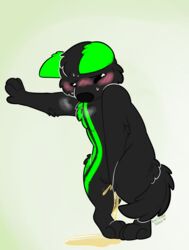 accent anthro black_body black_fur black_nose blush bodily_fluids breath canid canine dalet digitigrade embarrassed fur genital_fluids green_ears hi_res kaiizree male mammal nude omorashi peeing simple_background solo sweat urine urine_pool watersports wetting