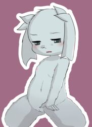 5_fingers anthro big_ears black_outline blush cave_story cute_fangs dango_dora eyebrows eyelashes facial_scar female fingers flat_chested floppy_ears fluffy fur fur_tuft genitals grey_eyes grey_pupils grey_sclera half-closed_eyes kneeling lagomorph leg_tuft looking_at_another lop_ears mammal midriff mimiga narrowed_eyes navel nipples open_mouth outline pink_nipples pose pupils pussy scar shaded simple_background sitting sue_sakamoto teeth tuft video_games violet_background white_body white_fur white_outline