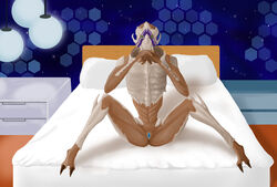 2_toes absurd_res alien anus arcanum ass bed feet female flat_chested furniture genitals green_eyes hands_crossed hi_res inside looking_at_viewer mass_effect mass_effect_andromeda not_furry nude on_bed pillow presenting presenting_hindquarters pussy solo spread_legs spreading toes turian vetra_nyx video_games