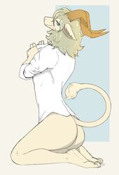 2021 absurd_res anthro ass beastars blue_eyes bottomless bovid caprine clothed clothing dall_sheep fur furry furry_only hair hi_res horn kneeling looking_back male male_only mammal pina_(beastars) securipun seductive seductive_eyes seductive_look seductive_smile sheep simple_background smile solo tail topwear white_body white_fur white_hair