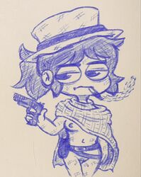 1girls belt breasts casual cigarette clint_eastwood cosplay cowboy cowboy_hat cowboy_shot female firearm gun handgun headwear human naked_poncho no_color outerwear pale_skin pistol poncho pussy pussy_juice scribblejuice shitkebab short_hair small_breasts smoking solo tactical_nudity weapon youtube youtuber