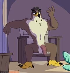 anthro avian balls big_balls big_penis_humiliation bird disney ducktales ducktales_(2017) falcon falcon_graves falconid foreskin furniture genitals male male_only muscular muscular_anthro muscular_male nude penis sofa solo teasing uncut wulfenski_(artist)