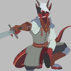 anthro armor clothing dragon flaccid foreskin gambeson gariyuu genitals gloves grin hair handwear hi_res horn knee_pads male melee_weapon pauldron penis poking_out red_body red_scales scales scalie simple_background smile solo sword uncut velrizoth weapon white_hair