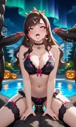 1girls ai_generated aurora brown_eyes brown_hair brunette_female brunette_hair cumshot d.va female genshin_impact giant_penis group group_sex halloween halloween_costume halloween_theme hilichurls_(species) lingerie long_hair male multiple_boys multiple_males outdoors overwatch penis pool poolside pretty size_difference stockings wavy_hair