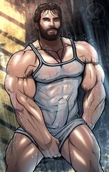 1boy abs biceps blitzturner blue_eyes bulge celebrity clark_kent dc exposed henry_cavill male_only muscular outside pecs penis superman thick_thighs uncut wet