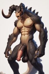 ai_generated balls blank_background deathclaw equine_genitalia equine_penis fallout_(series) large_penis lifeispainsometimes looking_at_viewer male neutral_pose original_artwork penis presenting_balls presenting_penis standing