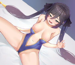 1girls black_hair blush censored genshin_impact long_hair medium_breasts mona_(genshin_impact) on_bed one-piece_swimsuit solo spread_legs swimsuit terebi_(shimizu1996) twintails