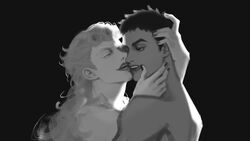 2boys black_nails bust curly_hair embrace eye_contact fangs gay giorno_giovanna guido_mista head_grab head_hug hug jojo's_bizarre_adventure licking_lips long_hair looking_at_another looking_at_partner male_only nude open_smile seductive seductive_look seductive_smile tan vento_aureo yaoi