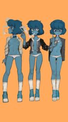 3girls blue_female blue_hair blue_skin cartoon_network cigarette female female_only full_body gem_(species) lapis_lazuli_(gem) lapis_lazuli_(steven_universe) medium_breasts mossa multiple_girls nipples open_clothes orange_background panties short_blue_hair short_hair smoking standing steven_universe white_panties