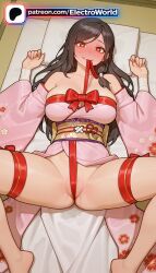 1girls 2026 ai_generated artist_name bandaged_arm bandaged_hand bandaged_head bandaged_leg bandages barefoot black_hair blush breasts budget_sarashi bust chest dead_or_alive electroworld female floral_print gagged heart heart-shaped_pupils hi_res high_quality high_resolution highres improvised_gag japanese_clothes kimono kokoro_(doa) laying_down leg_wrap legs_apart legs_spread long_hair lying lying_on_back mouth_hold mummy_costume naked_bandage on_back open_legs patreon patreon_username pink_kimono ribbon sarashi splayed_legs spread_legs stable_diffusion symbol-shaped_pupils thigh_strap watermark wide_sleeves yellow_eyes