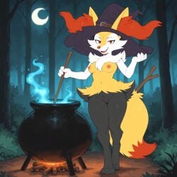 ai_generated anthro black_body black_fur braixen breasts canid canine cauldron cheek_tuft clothing cooking crescent_moon digitigrade ear_tuft eyelashes facial_tuft fangs female forest front_view full-length_portrait fur generation_6_pokemon genitals hat headgear headwear hi_res hip_tuft looking_at_viewer magic_user mammal moon multicolored_body multicolored_fur navel night nintendo nipples nude open_mouth open_smile plant pokemon pokemon_(species) portrait pussy red_eyes red_nose sharp_teeth shoulder_tuft smile solo standing stick teeth tree tuft white_body white_fur witch witch_hat witchcraft yellow_body yellow_fur