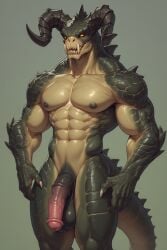 ai_generated balls blank_background deathclaw equine_genitalia equine_penis fallout_(series) large_penis looking_at_viewer male neutral_pose original_artwork penis presenting_balls presenting_penis